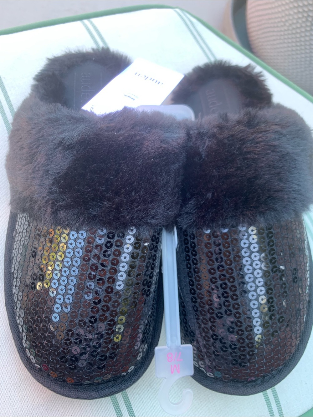 NWT Auden Black Sequin Faux Fur Slip-On Women's Slippers